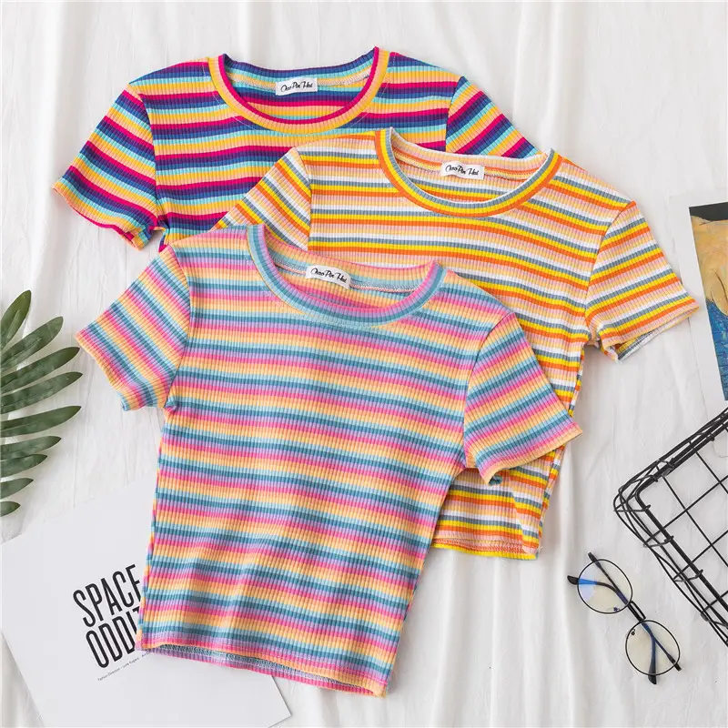 Women Rainbow Striped Navel-Tight T-Shirt Short Sleeve