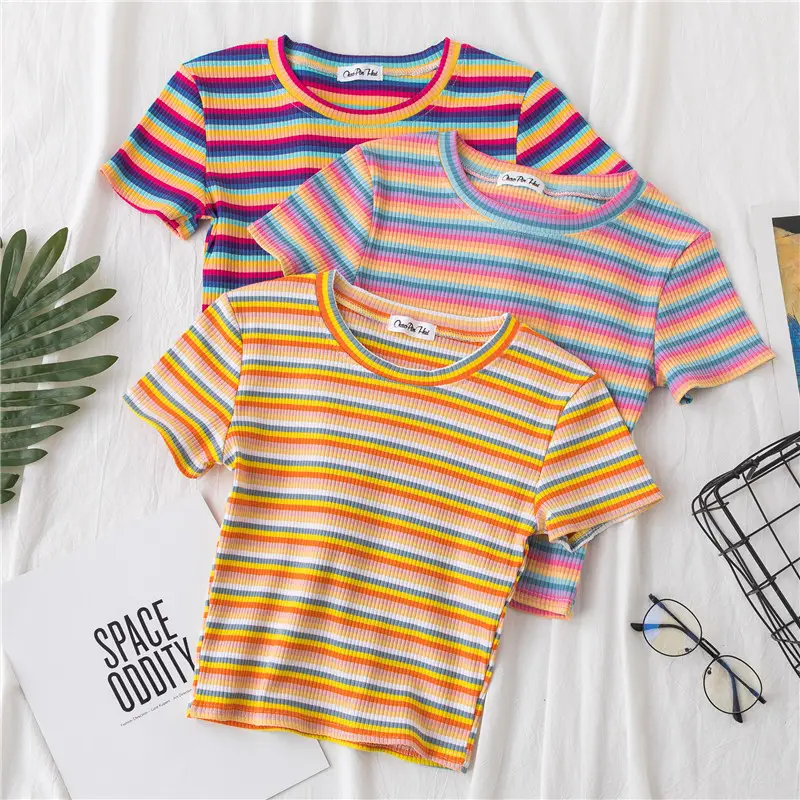 Women Rainbow Striped Navel-Tight T-Shirt Short Sleeve