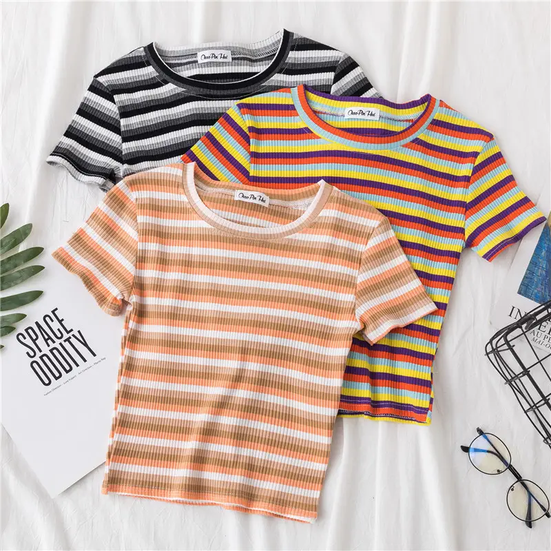 Women Rainbow Striped Navel-Tight T-Shirt Short Sleeve