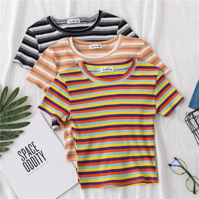 Women Rainbow Striped Navel-Tight T-Shirt Short Sleeve