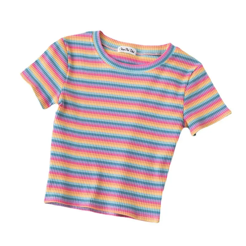 Women Rainbow Striped Navel-Tight T-Shirt Short Sleeve