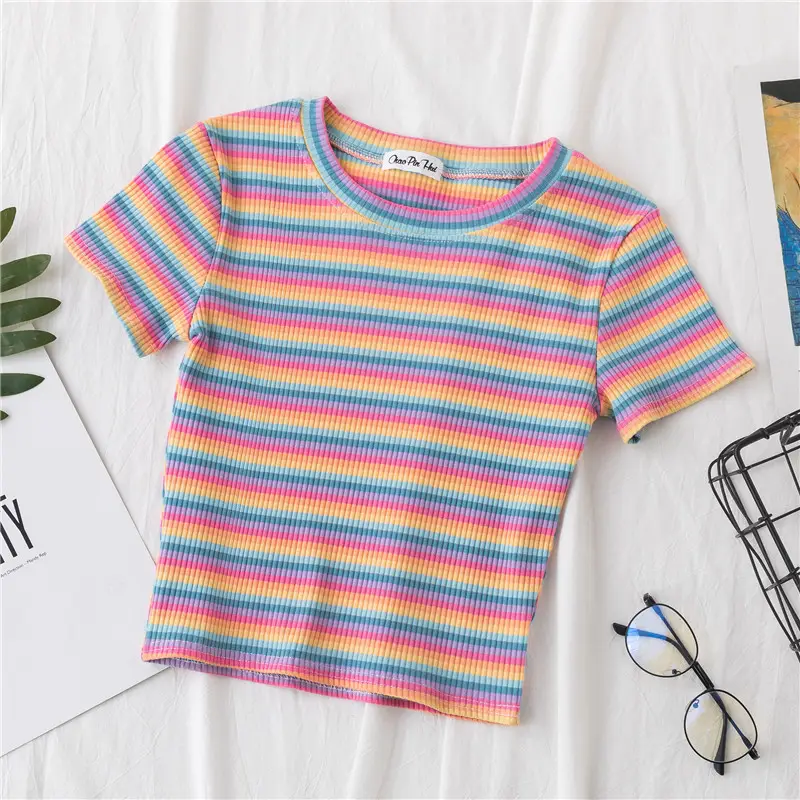Women Rainbow Striped Navel-Tight T-Shirt Short Sleeve