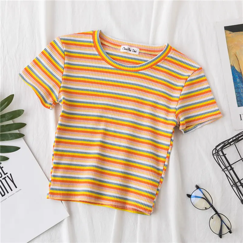 Women Rainbow Striped Navel-Tight T-Shirt Short Sleeve