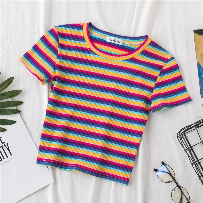 Women Rainbow Striped Navel-Tight T-Shirt Short Sleeve