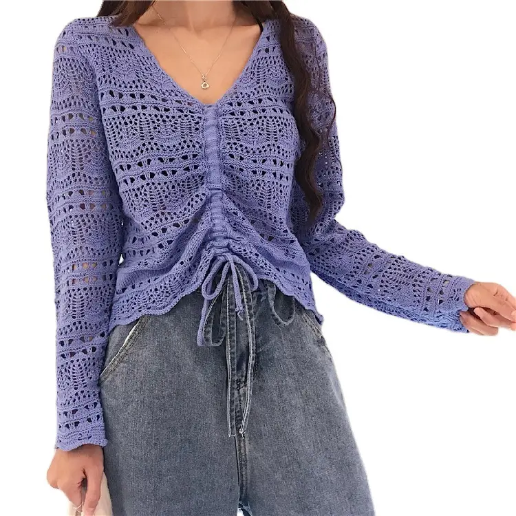 Korean Style Long Sleeve Mesh Blouse Women Pink Drawstring Cut - Image 13