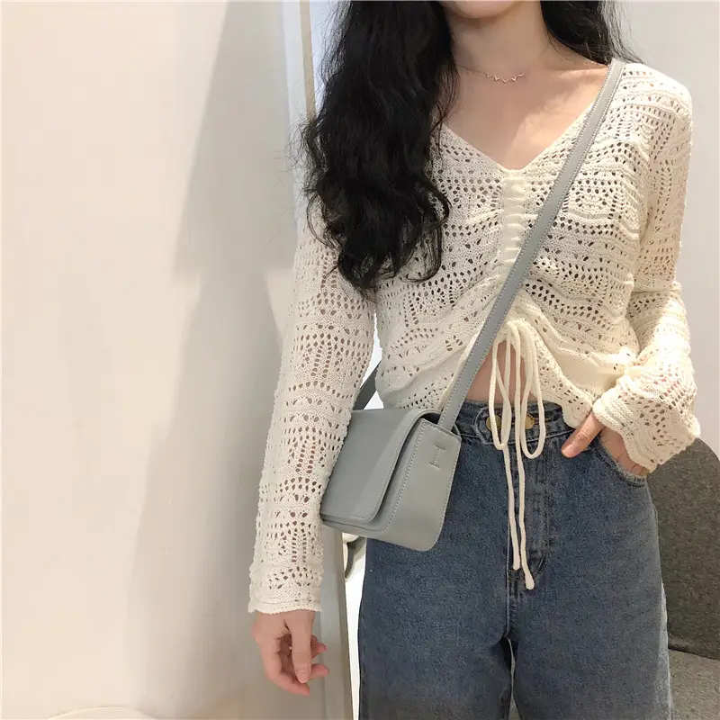 Korean Style Long Sleeve Mesh Blouse Women Pink Drawstring Cut — feature 2