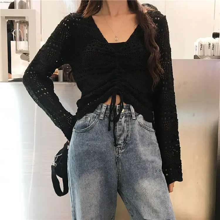 Korean Style Long Sleeve Mesh Blouse Women Pink Drawstring Cut — feature 4