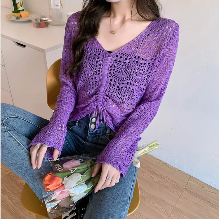 Korean Style Long Sleeve Mesh Blouse Women Pink Drawstring Cut - Image 3