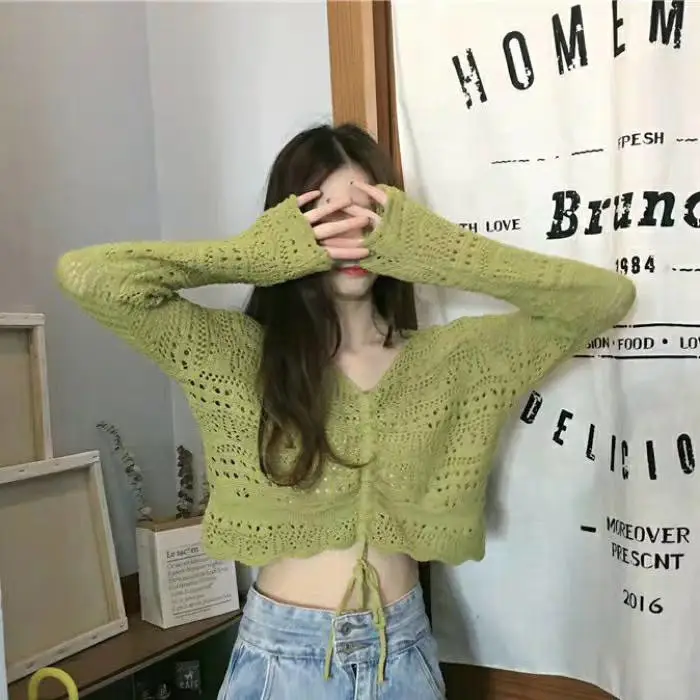 Korean Style Long Sleeve Mesh Blouse Women Pink Drawstring Cut - Image 4