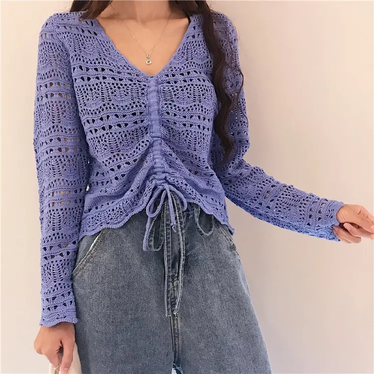 Korean Style Long Sleeve Mesh Blouse Women Pink Drawstring Cut - Image 6