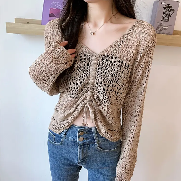 Korean Style Long Sleeve Mesh Blouse Women Pink Drawstring Cut - Image 7