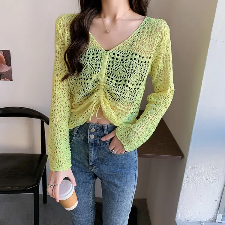Korean Style Long Sleeve Mesh Blouse Women Pink Drawstring Cut - Image 8