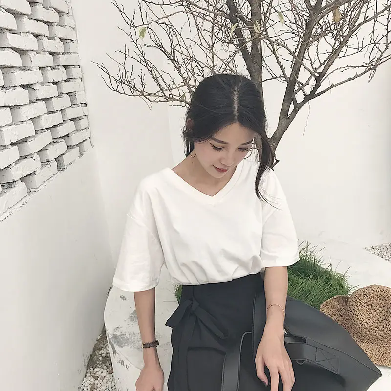 White V-Neck T-Shirt Women Summer Slimming Loose Top - Image 3