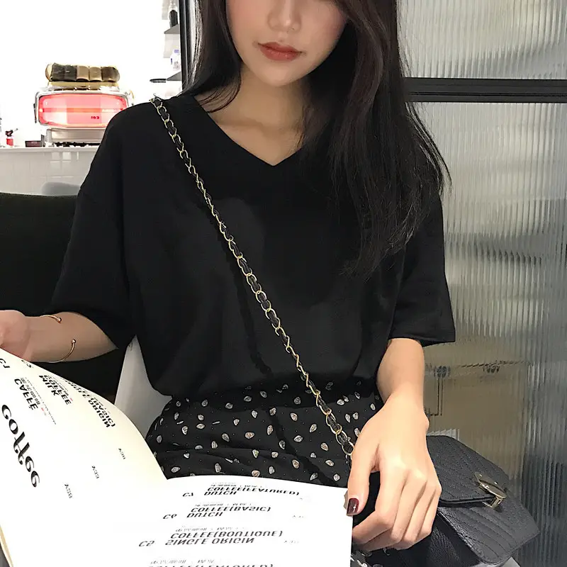 White V-Neck T-Shirt Women Summer Slimming Loose Top - Image 6