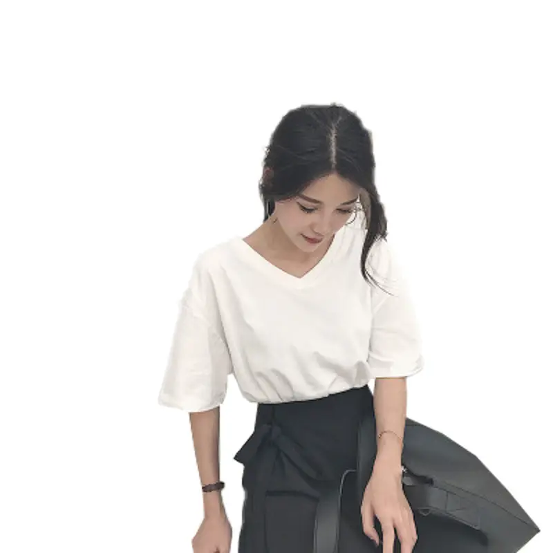 White V-Neck T-Shirt Women Summer Slimming Loose Top - Image 7