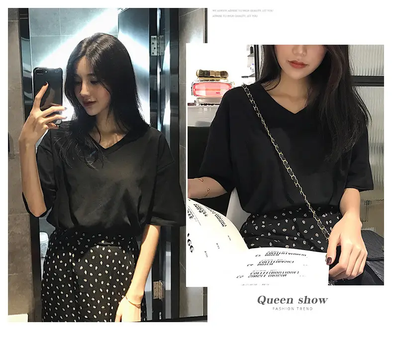 White V-Neck T-Shirt Women Summer Slimming Loose Top — feature 10