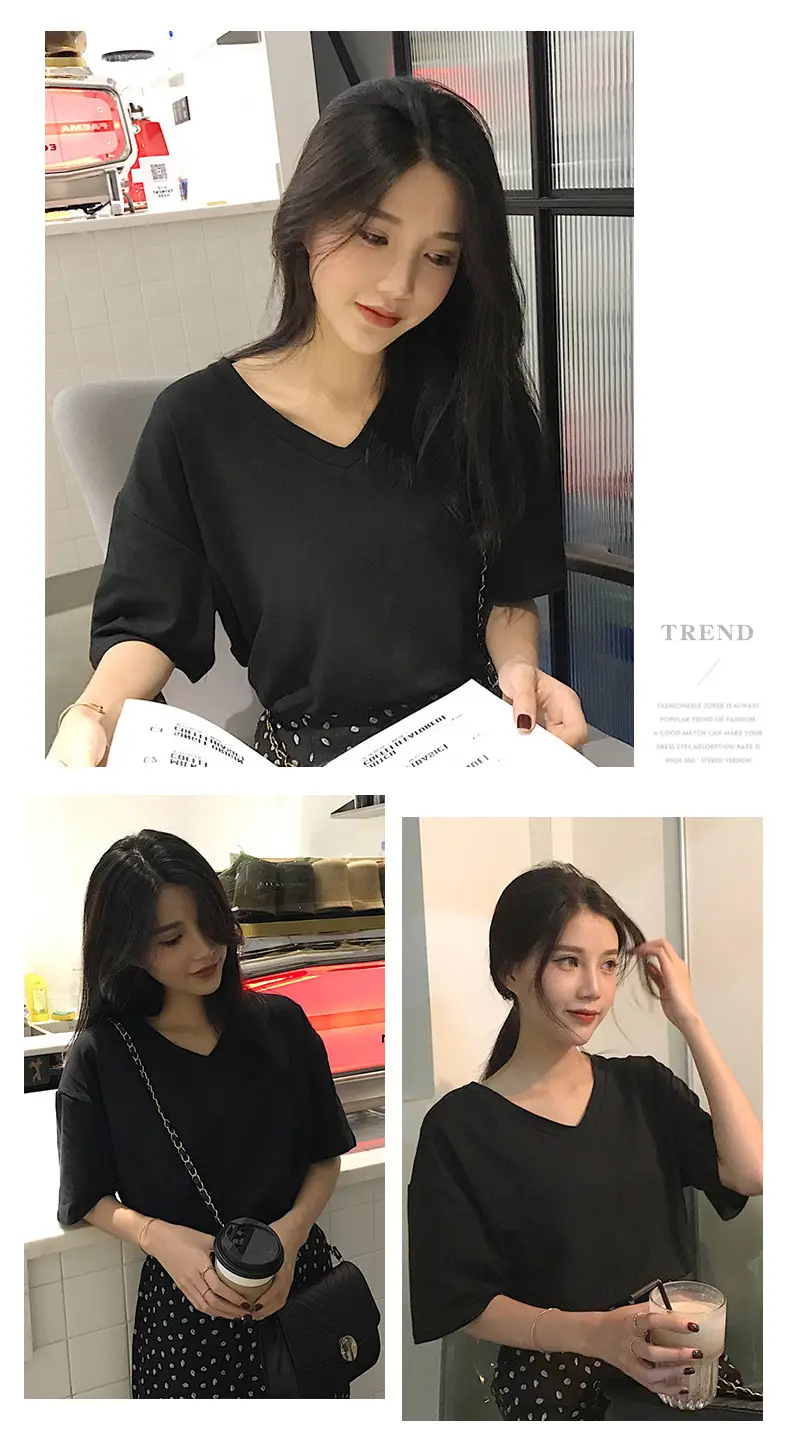 White V-Neck T-Shirt Women Summer Slimming Loose Top — feature 11