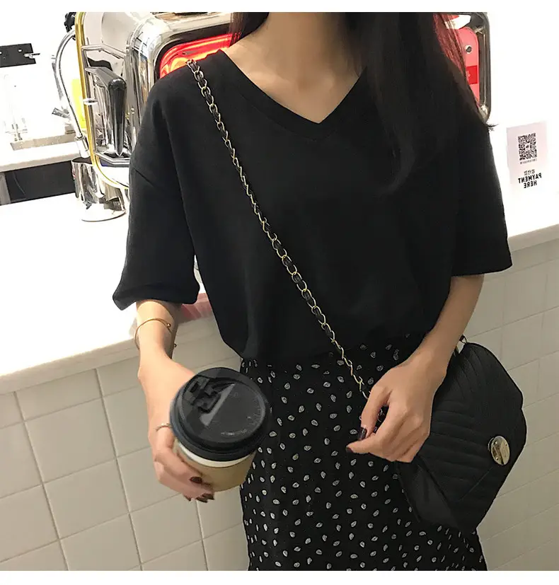 White V-Neck T-Shirt Women Summer Slimming Loose Top — feature 12