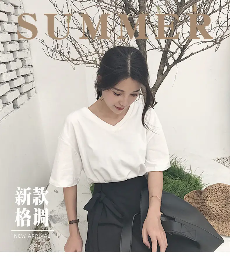 White V-Neck T-Shirt Women Summer Slimming Loose Top — feature 2