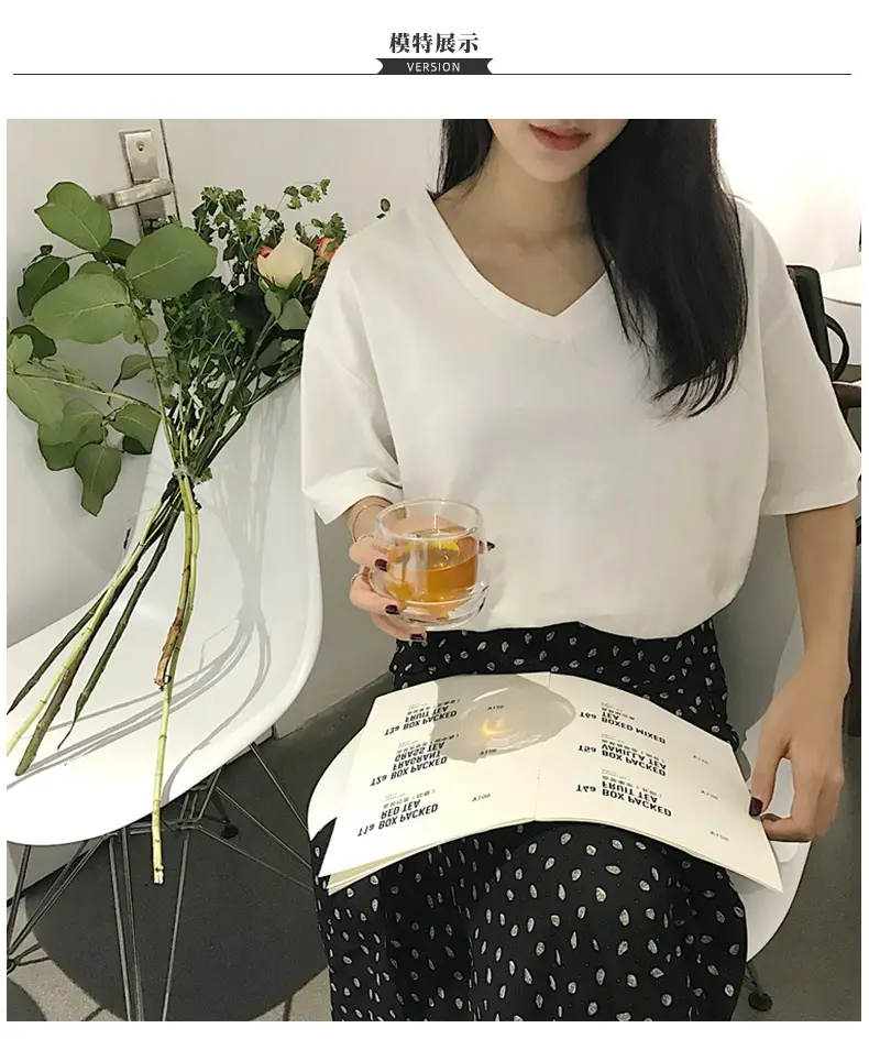 White V-Neck T-Shirt Women Summer Slimming Loose Top — feature 4