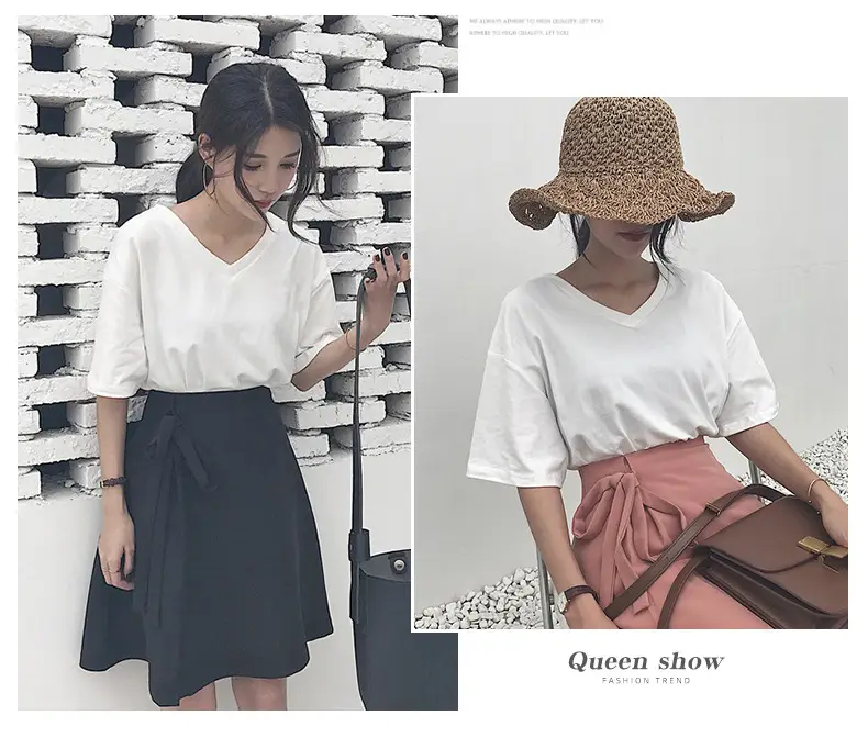 White V-Neck T-Shirt Women Summer Slimming Loose Top — feature 5