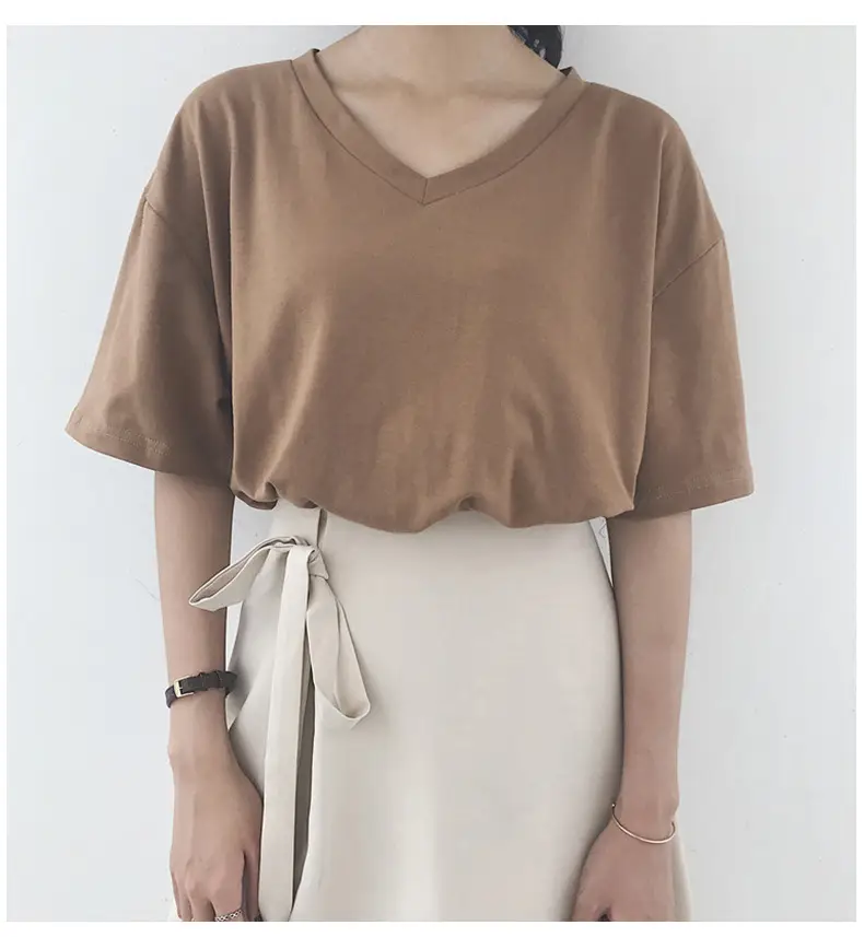 White V-Neck T-Shirt Women Summer Slimming Loose Top — feature 7