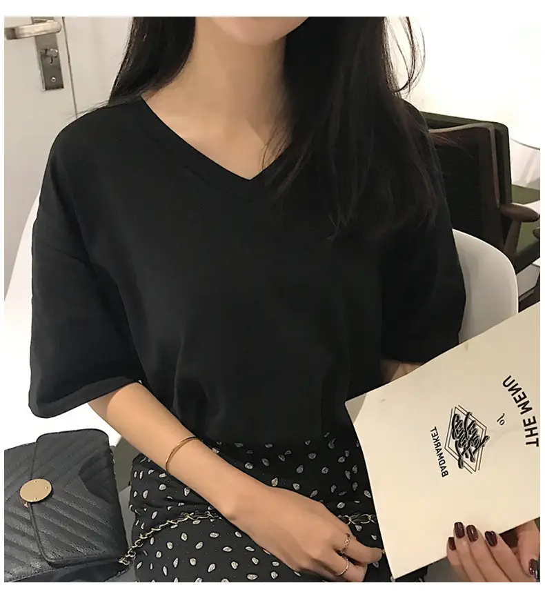 White V-Neck T-Shirt Women Summer Slimming Loose Top — feature 9