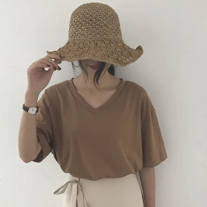 White V-Neck T-Shirt Women Summer Slimming Loose Top - Image 2