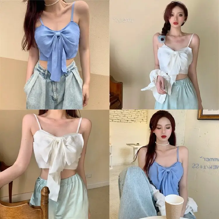 White Bowknot Knitted Sling Top for Women - Image 6