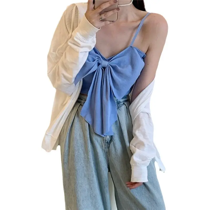 White Bowknot Knitted Sling Top for Women - Image 8