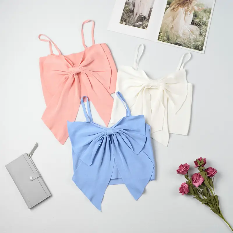 White Bowknot Knitted Sling Top for Women — feature 2