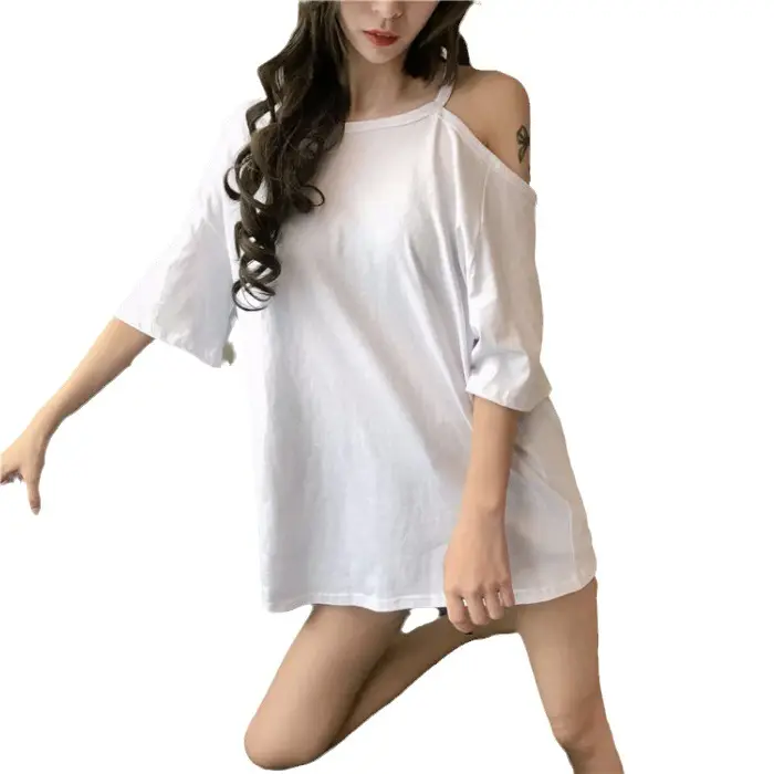 Black Off-Shoulder Women's T-Shirt Mid-Length Summer Dress - Image 8