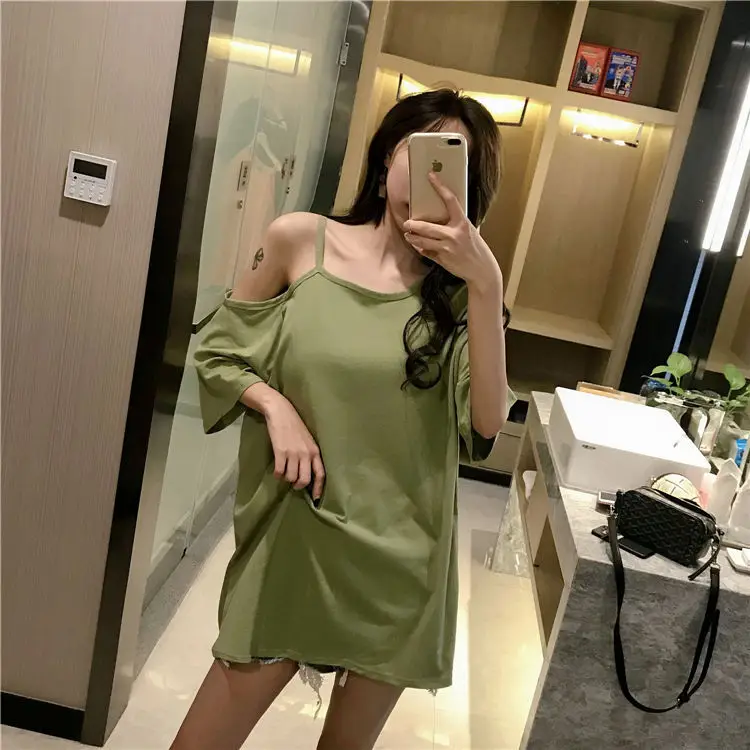 Black Off-Shoulder Women's T-Shirt Mid-Length Summer Dress — feature 10