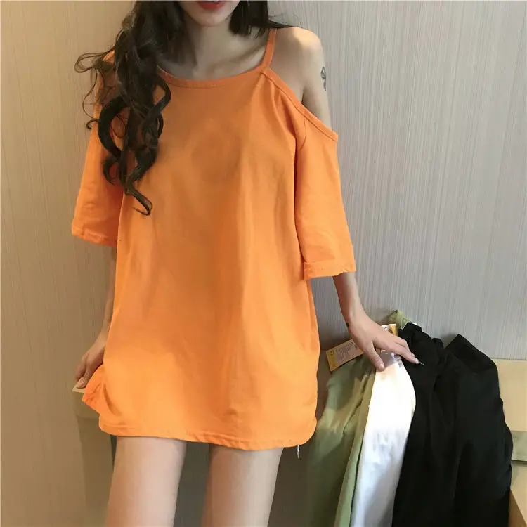 Black Off-Shoulder Women's T-Shirt Mid-Length Summer Dress — feature 14