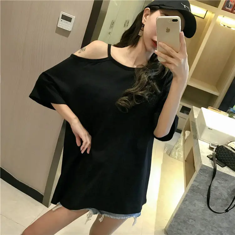 Black Off-Shoulder Women's T-Shirt Mid-Length Summer Dress — feature 16