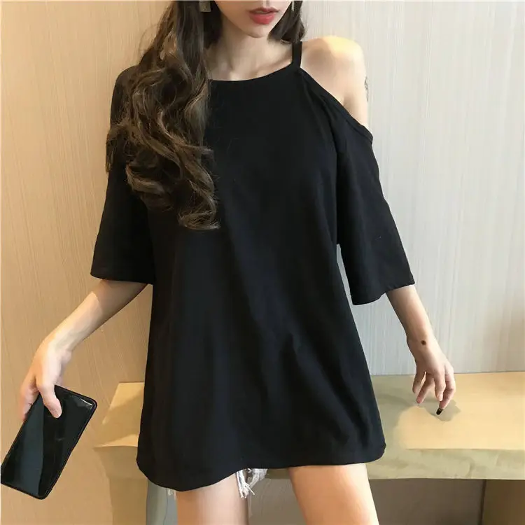 Black Off-Shoulder Women's T-Shirt Mid-Length Summer Dress — feature 17