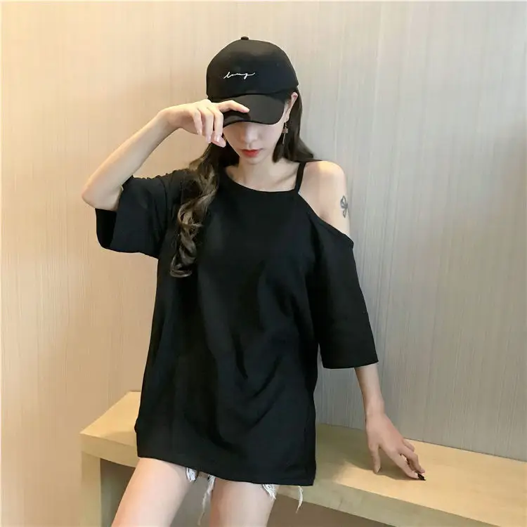 Black Off-Shoulder Women's T-Shirt Mid-Length Summer Dress — feature 18