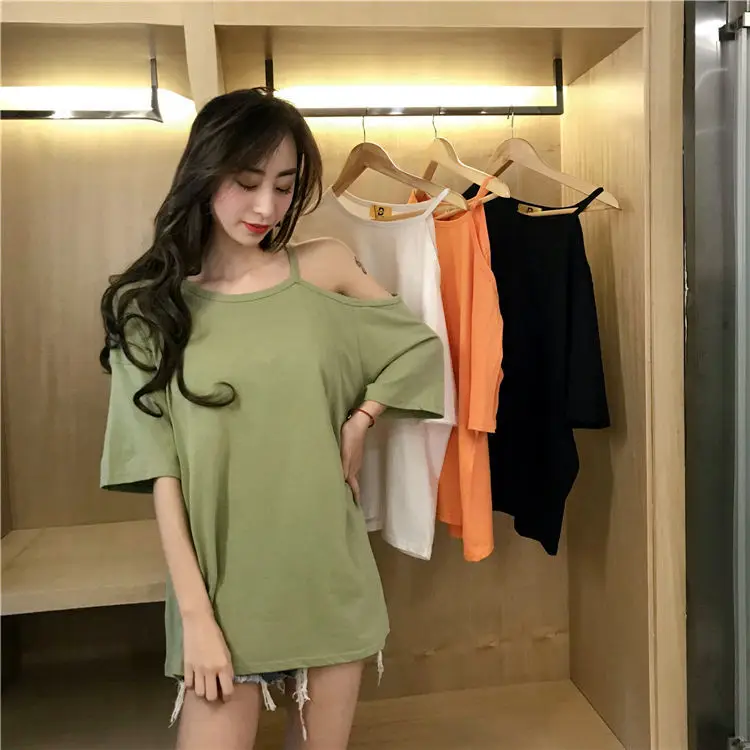 Black Off-Shoulder Women's T-Shirt Mid-Length Summer Dress — feature 2