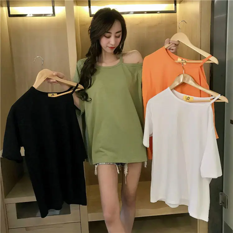 Black Off-Shoulder Women's T-Shirt Mid-Length Summer Dress — feature 3