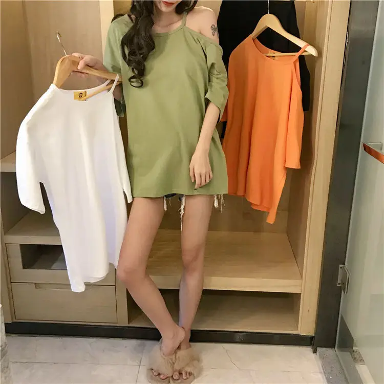 Black Off-Shoulder Women's T-Shirt Mid-Length Summer Dress — feature 4