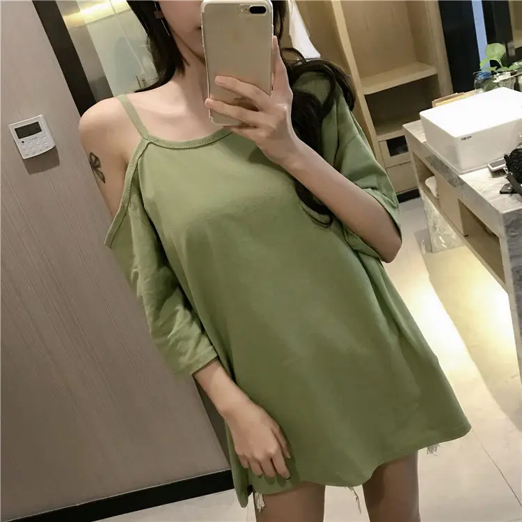 Black Off-Shoulder Women's T-Shirt Mid-Length Summer Dress — feature 5