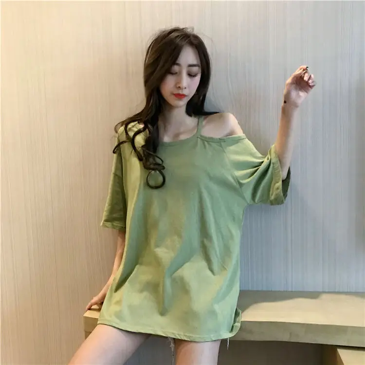Black Off-Shoulder Women's T-Shirt Mid-Length Summer Dress — feature 6