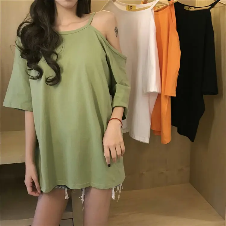 Black Off-Shoulder Women's T-Shirt Mid-Length Summer Dress — feature 7