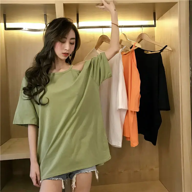 Black Off-Shoulder Women's T-Shirt Mid-Length Summer Dress — feature 8