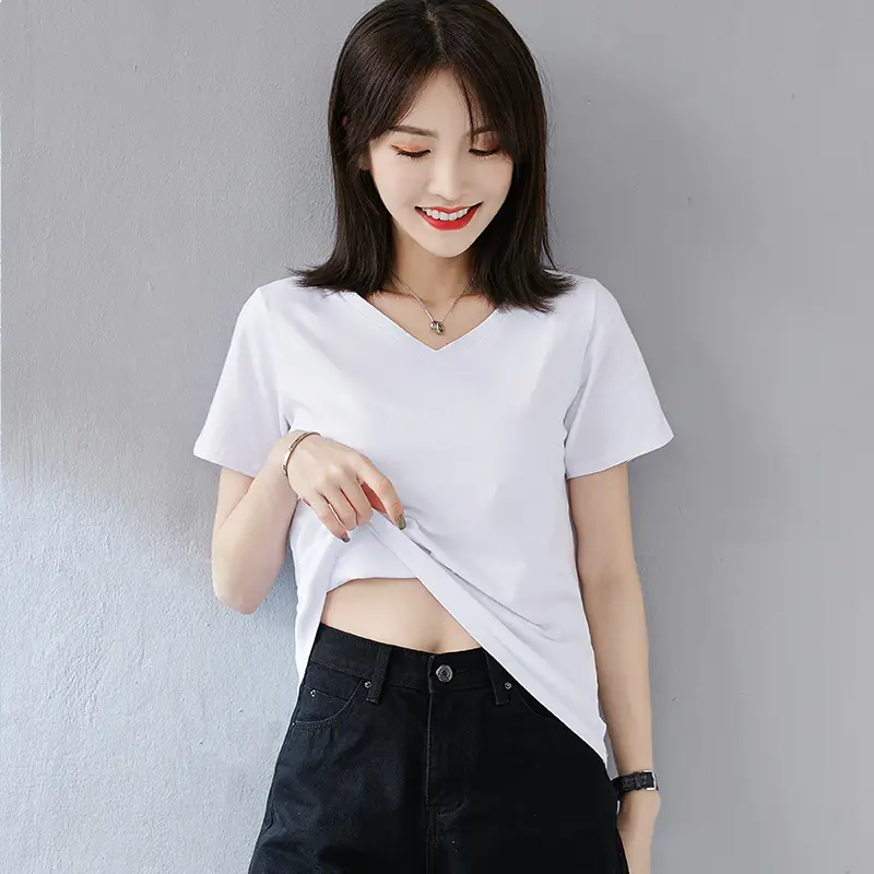 Women V-Neck Pure Cotton T-Shirt Blue - Image 5