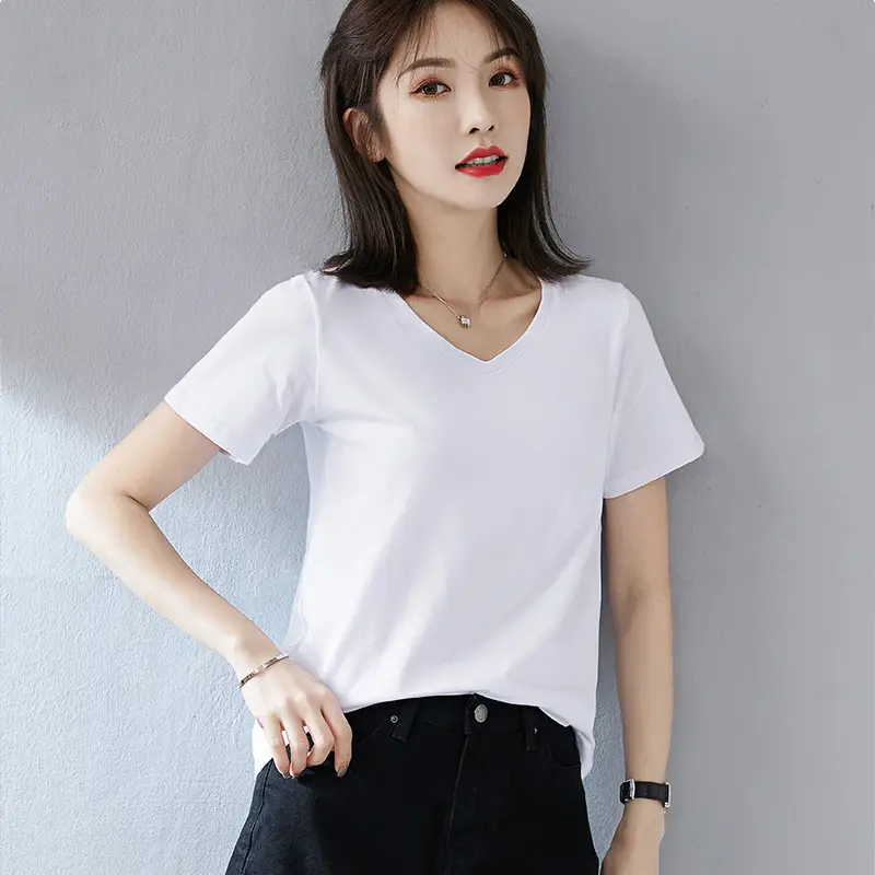 Women V-Neck Pure Cotton T-Shirt Blue - Image 6