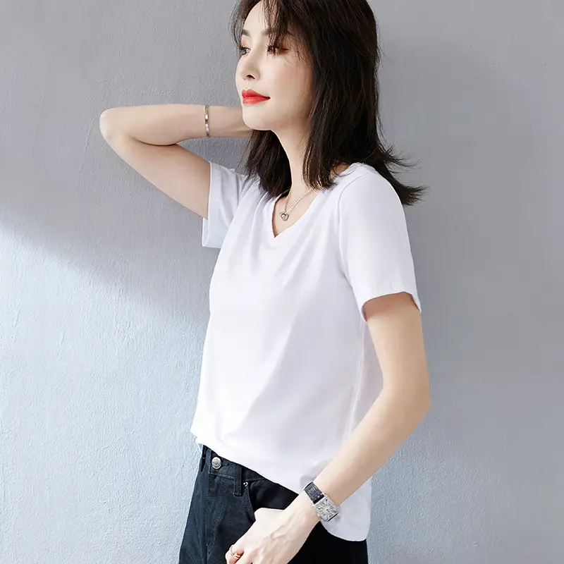 Women V-Neck Pure Cotton T-Shirt Blue - Image 7