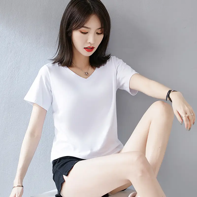 Women V-Neck Pure Cotton T-Shirt Blue - Image 8