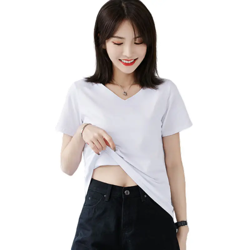 Women V-Neck Pure Cotton T-Shirt Blue - Image 9