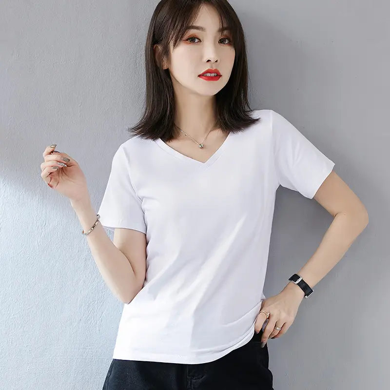 Women V-Neck Pure Cotton T-Shirt Blue - Image 4